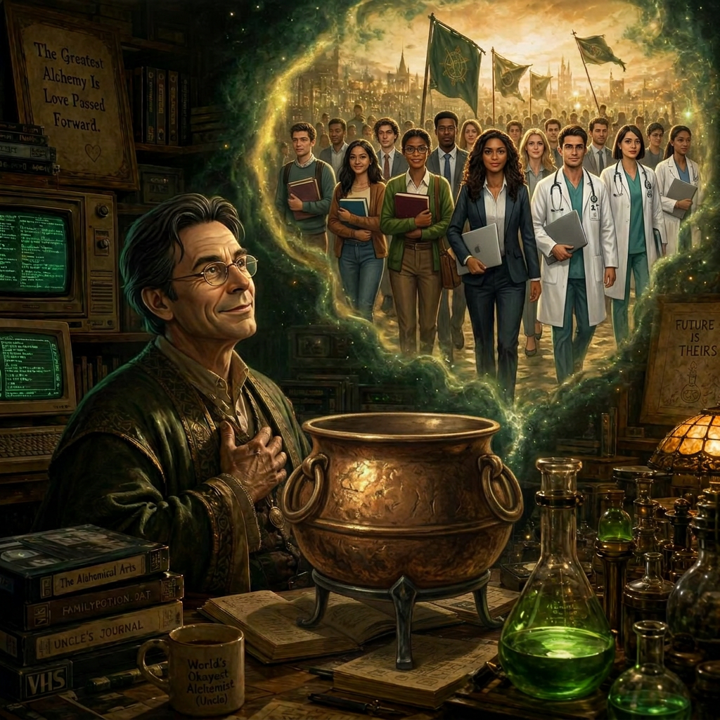 Lo Zio in laboratorio retro-tech che alza lo sguardo e vede un esercito di nipoti pronti a partire per il mondo con libri, computer portatili e camici da medico, davanti al suo calderone vuoto